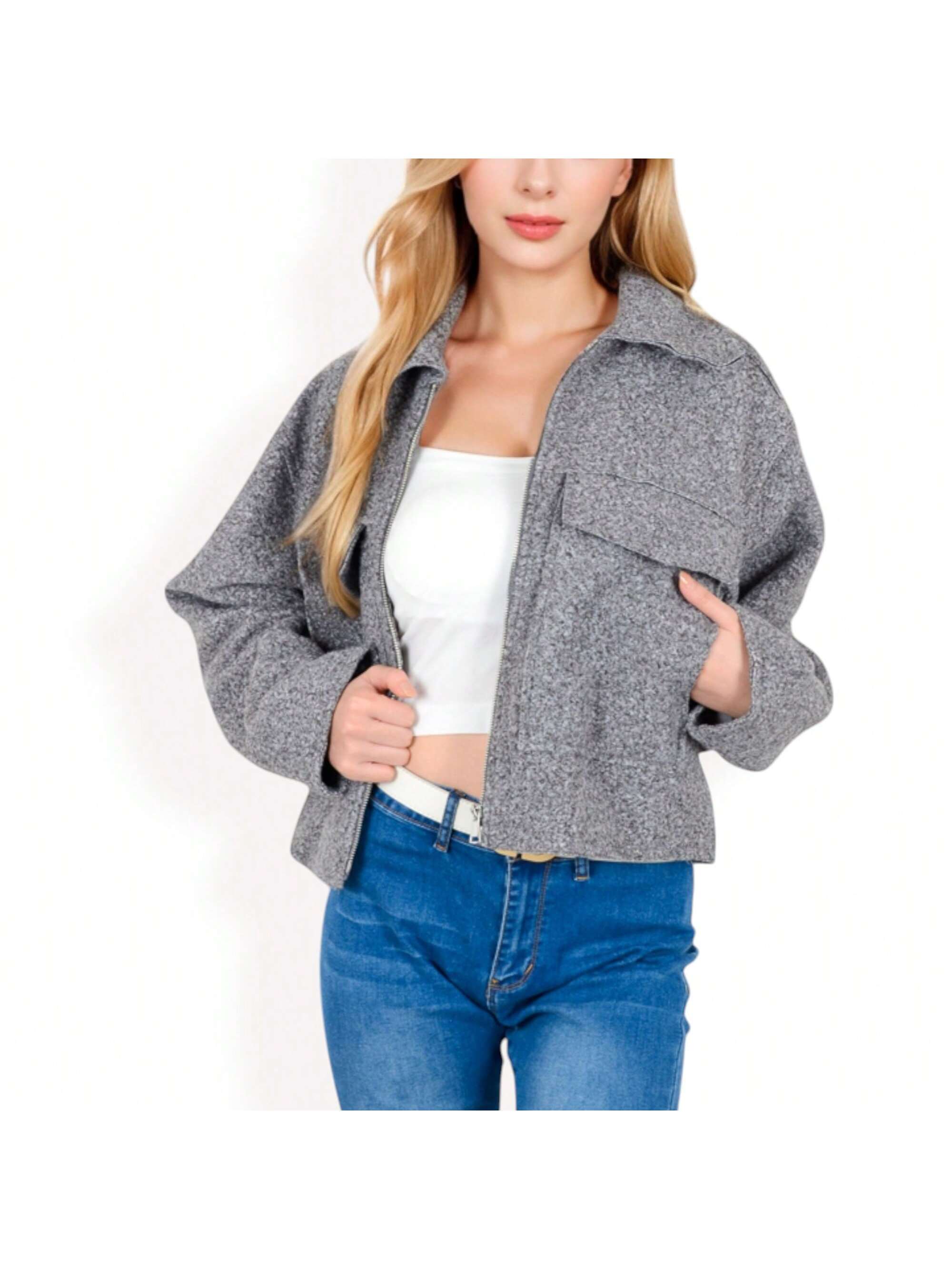 Women's Cropped Tweed Jacket With Large Chest Pocket - Picture 21 of 24