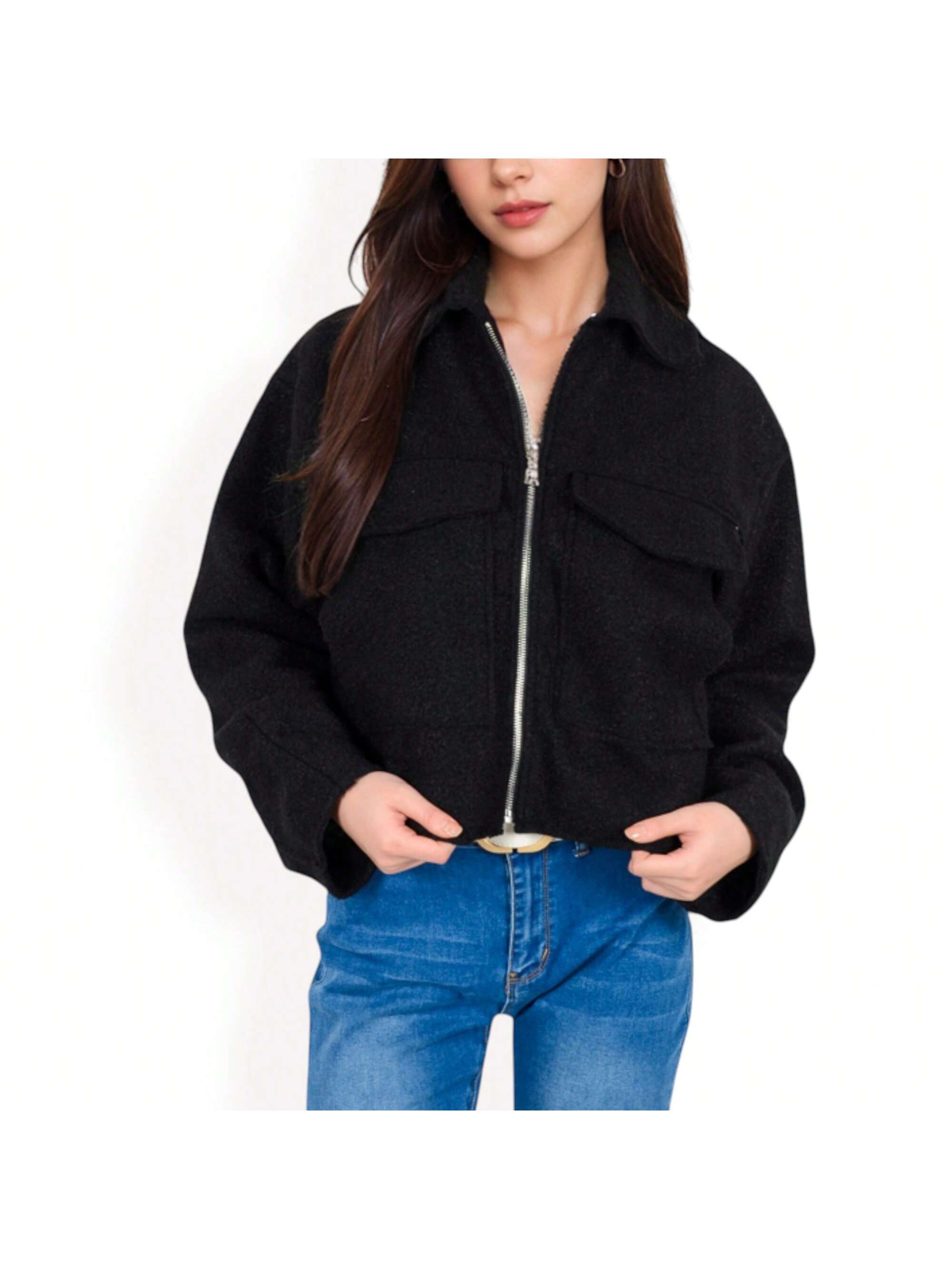 Women's Cropped Tweed Jacket With Large Chest Pocket - Picture 24 of 24