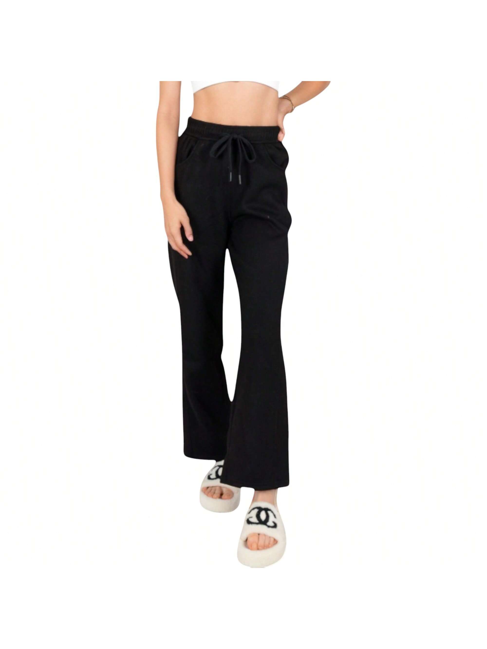 Pantalones de salón para mujer tejidos de cintura alta con cordón y bolsillos laterales - Imagen 16 de 18