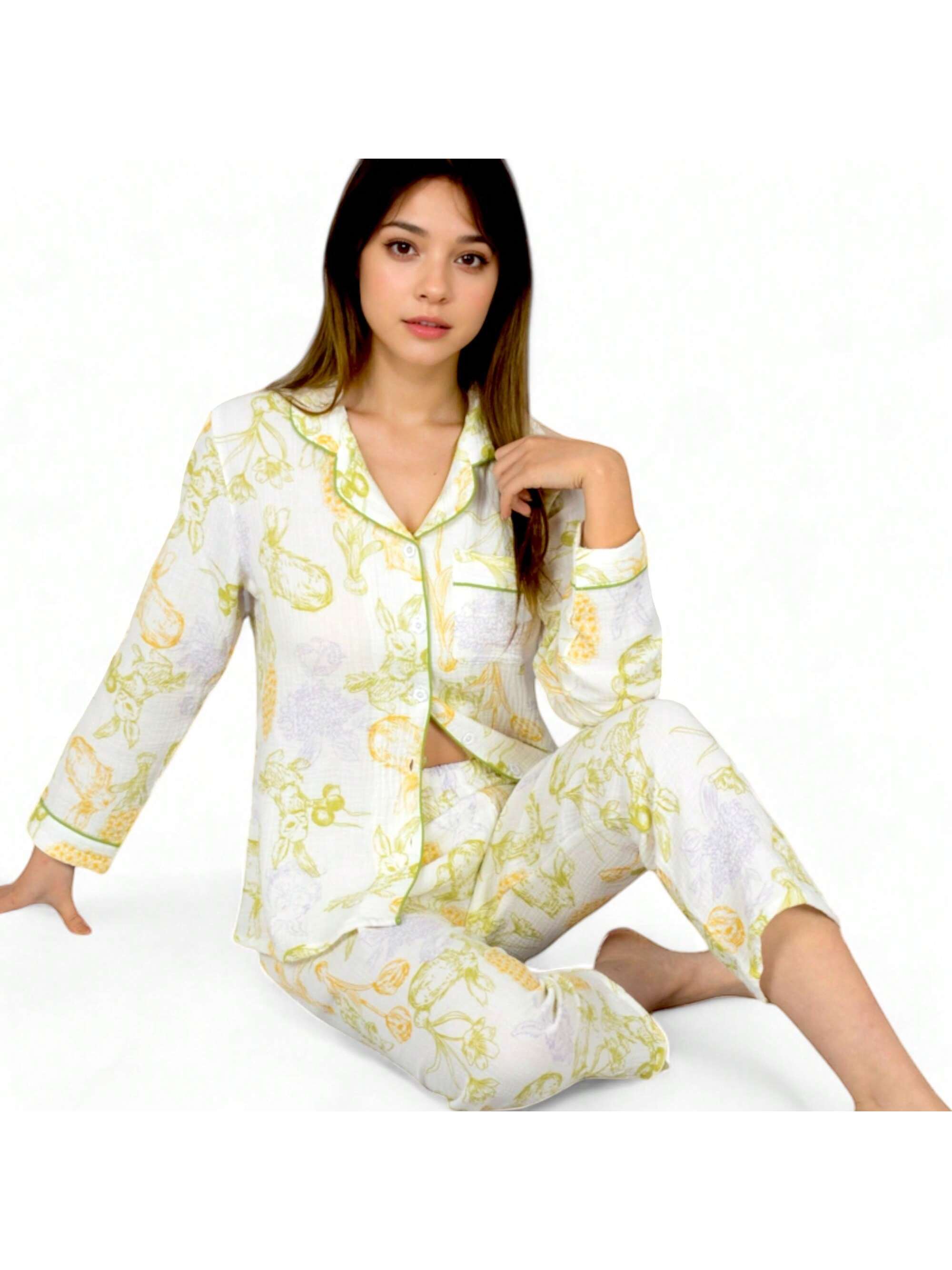 Women's Printed Gauze Pajama Set With Button-Up Shirt And Relaxed Fit Pants - Picture 6 of 6