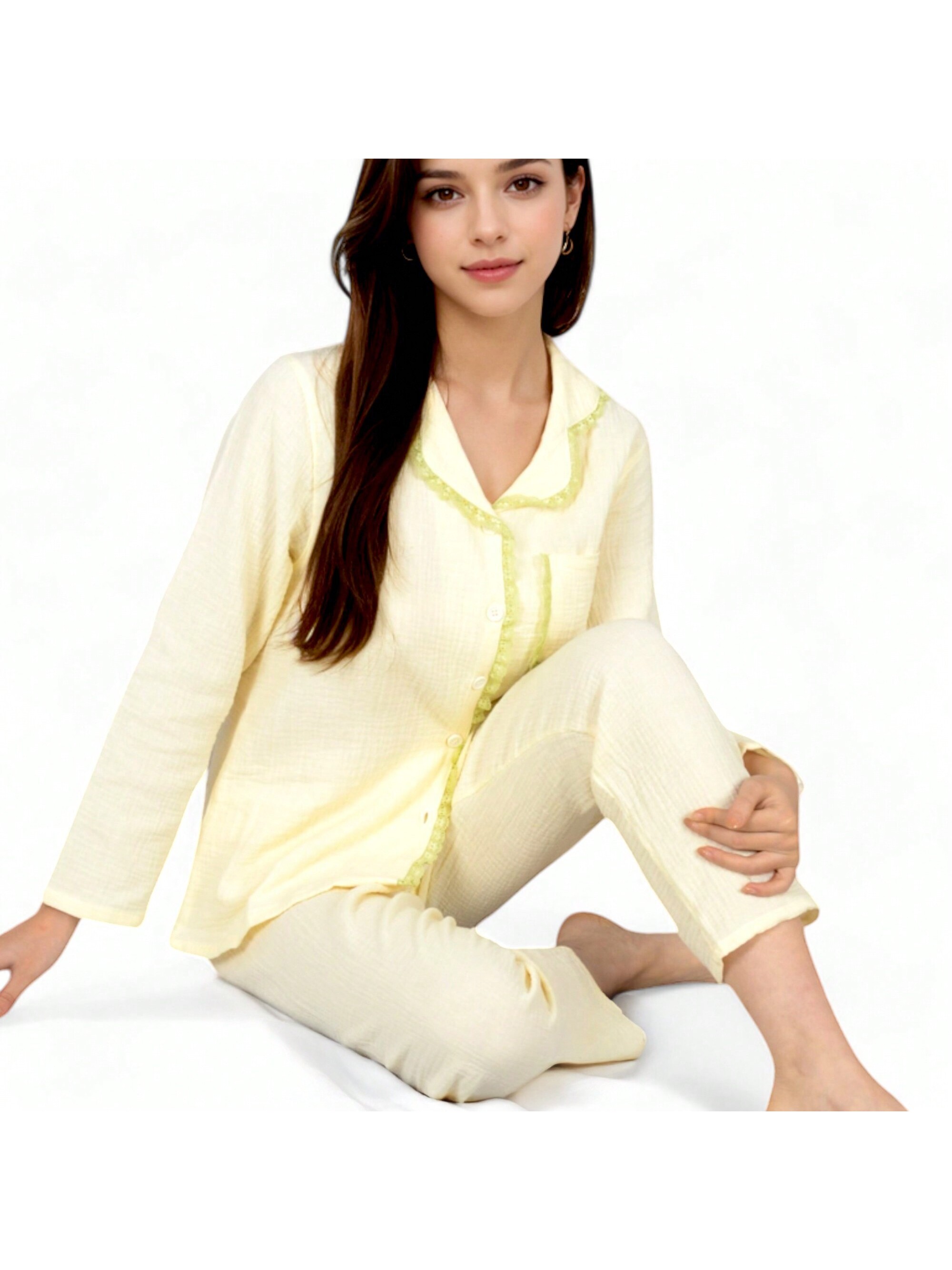 Women's Lightweight Gauze Pajama Set With Lace Trim And Button-Up Design - Picture 11 of 12