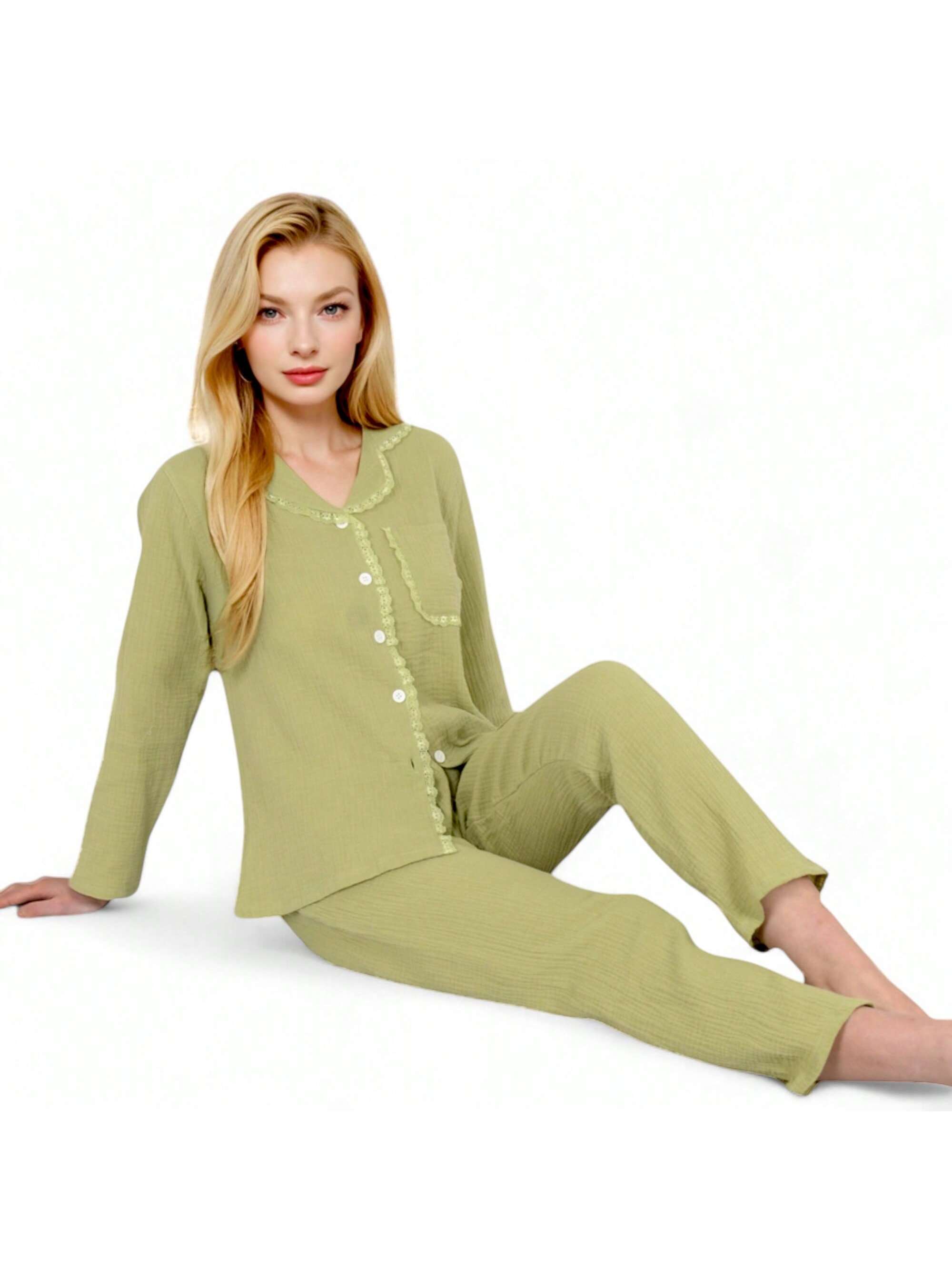 Women's Lightweight Gauze Pajama Set With Lace Trim And Button-Up Design - Picture 12 of 12