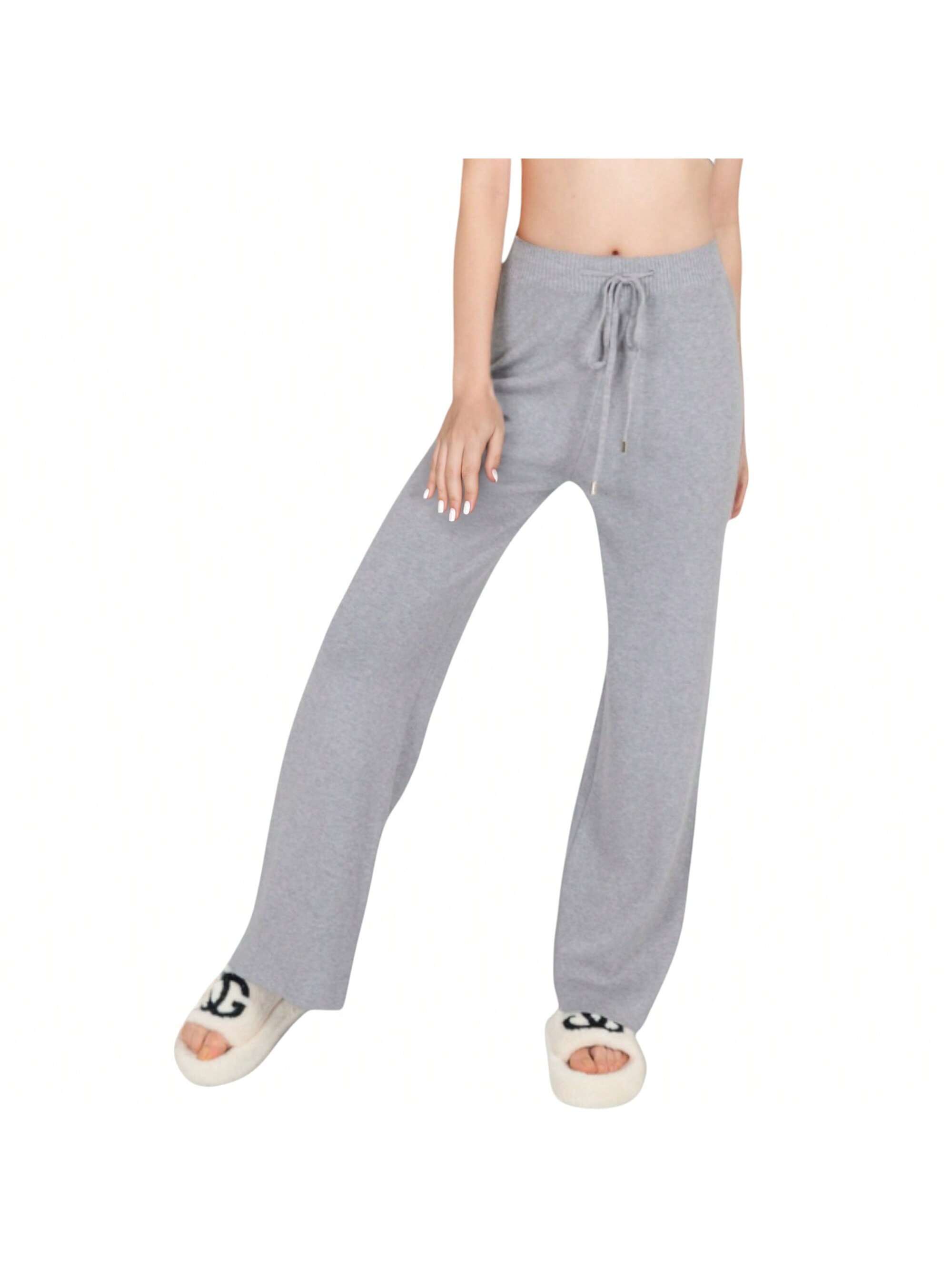 Women's Wide Leg Knit Lounge Pants With Elastic Waist And Drawstring - Picture 16 of 18