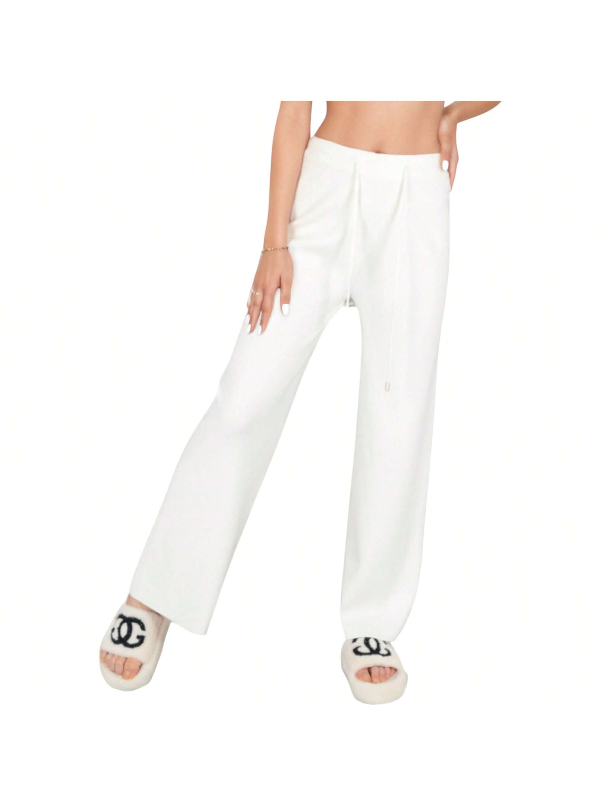 Women's Wide Leg Knit Lounge Pants With Elastic Waist And Drawstring - Picture 17 of 18
