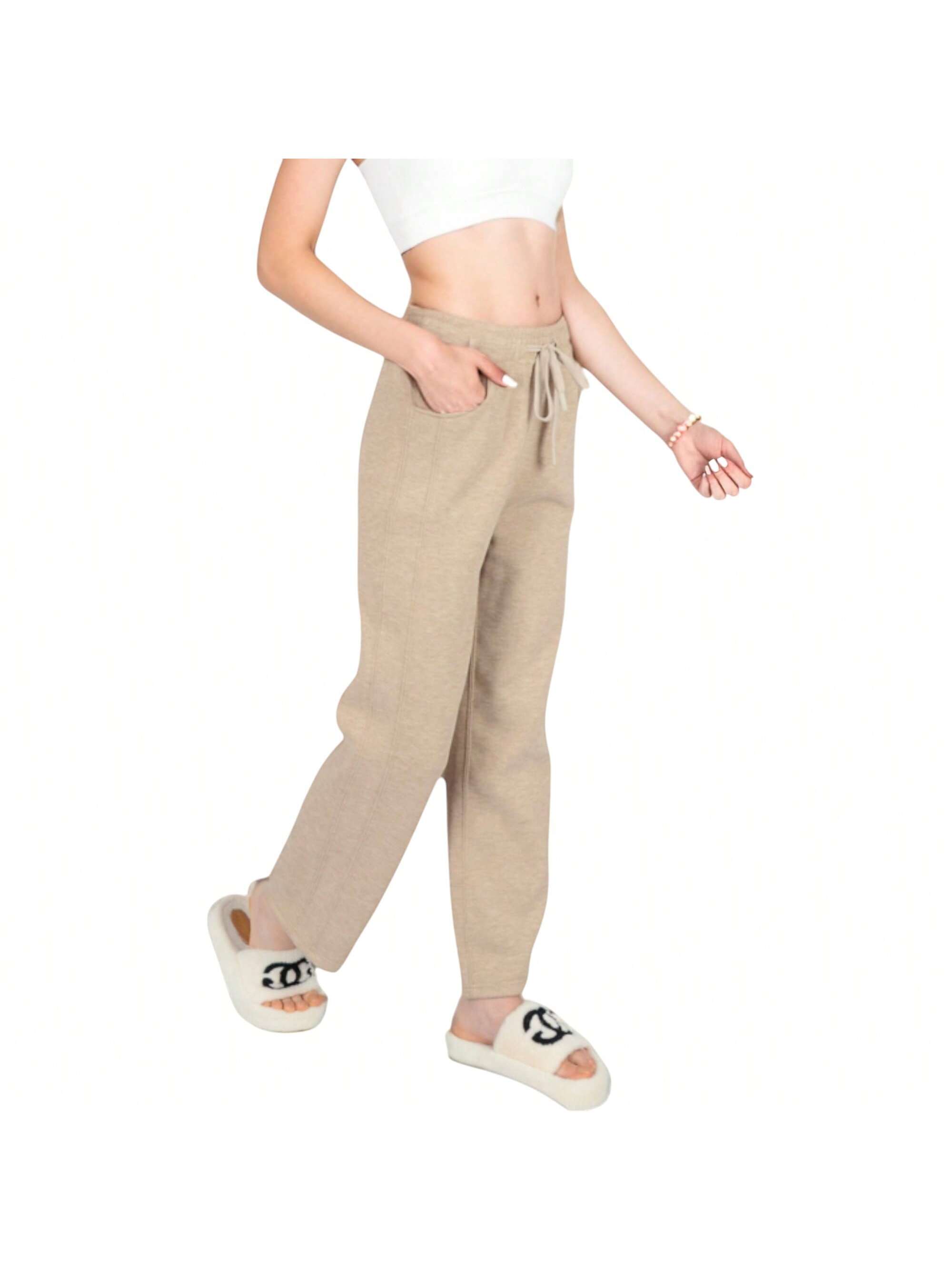 Pantalones de salón para mujer tejidos de cintura alta con cordón y bolsillos laterales - Imagen 17 de 18
