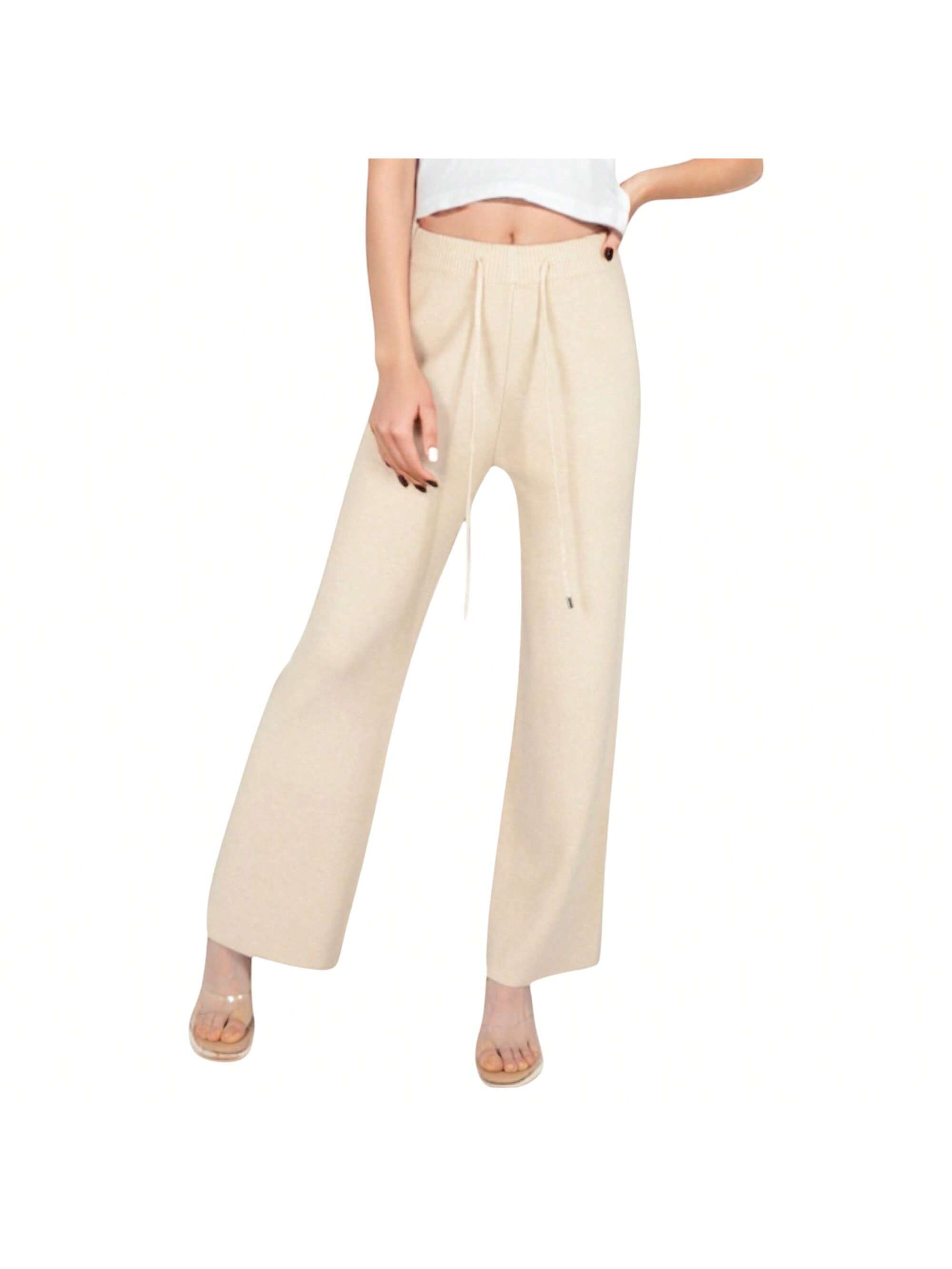 Women's Wide Leg Knit Lounge Pants With Elastic Waist And Drawstring - Picture 18 of 18