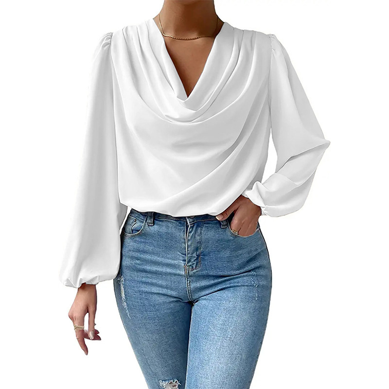 Camisa de gasa manga larga suelta drapeada cuello en V camiseta para mujer - Imagen 12 de 17