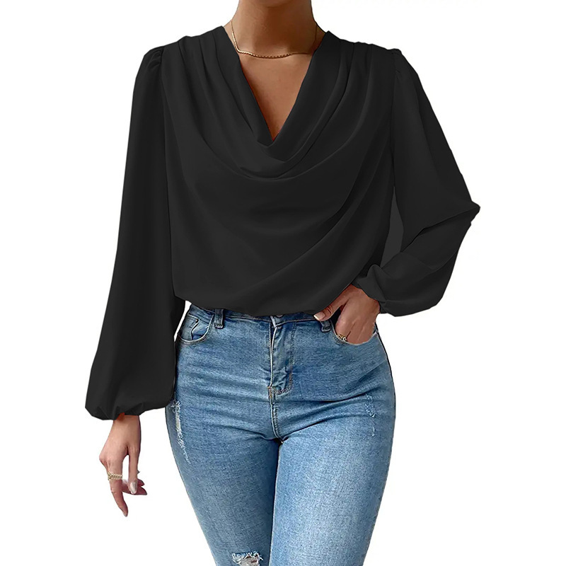 Camisa de gasa manga larga suelta drapeada cuello en V camiseta para mujer - Imagen 13 de 17