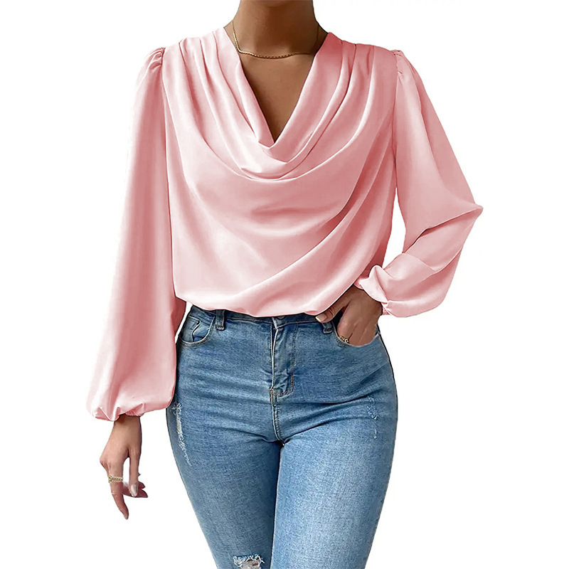 Camisa de gasa manga larga suelta drapeada cuello en V camiseta para mujer - Imagen 14 de 17