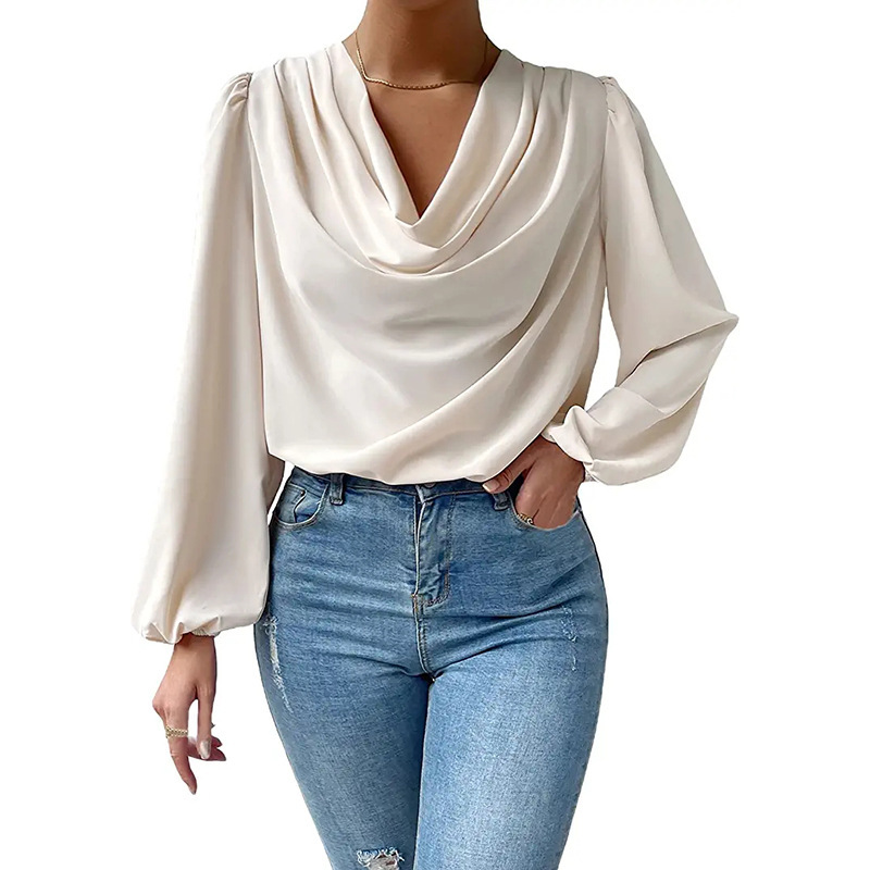 Camisa de gasa manga larga suelta drapeada cuello en V camiseta para mujer - Imagen 15 de 17