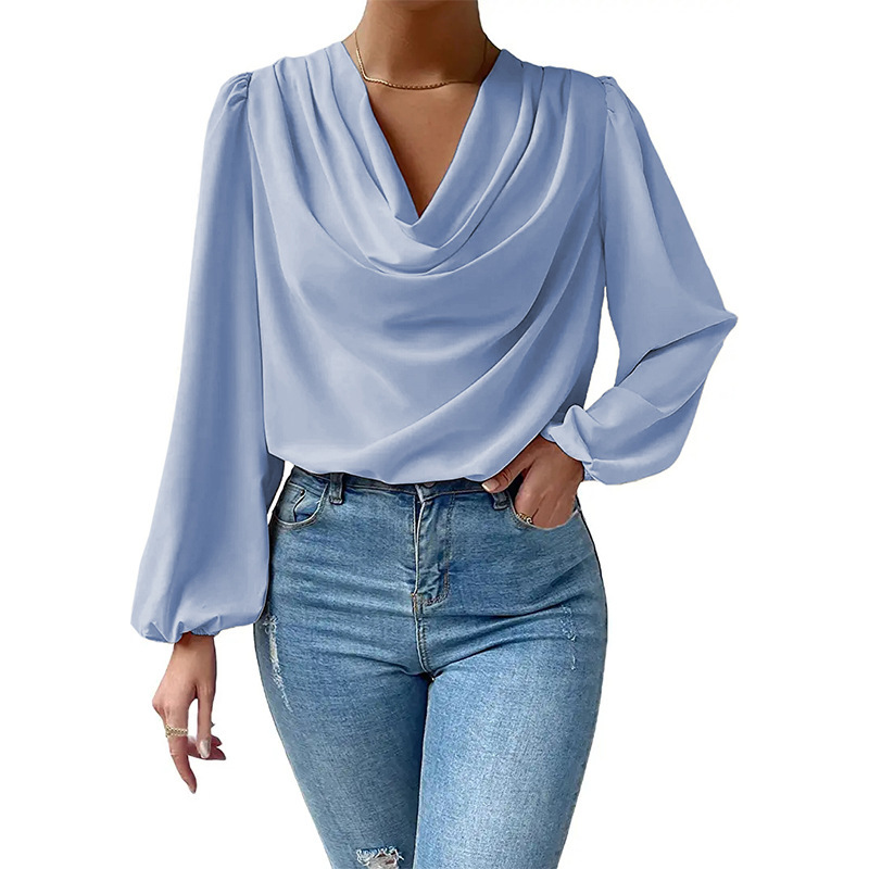 Camisa de gasa manga larga suelta drapeada cuello en V camiseta para mujer - Imagen 16 de 17