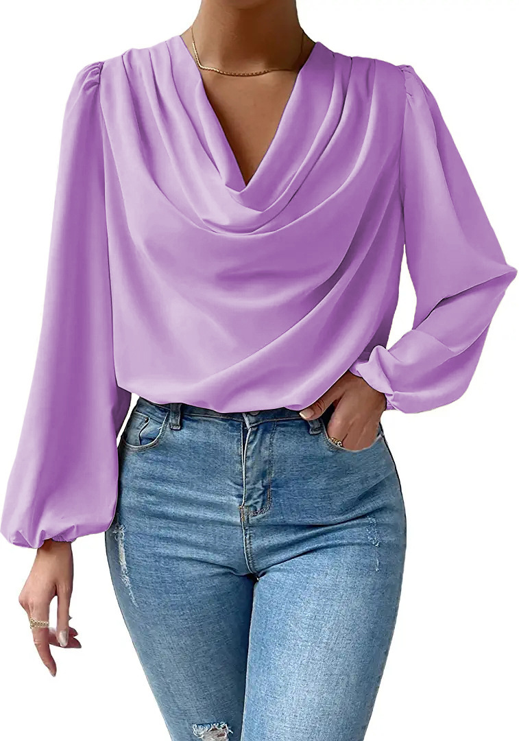 Camisa de gasa manga larga suelta drapeada cuello en V camiseta para mujer - Imagen 17 de 17