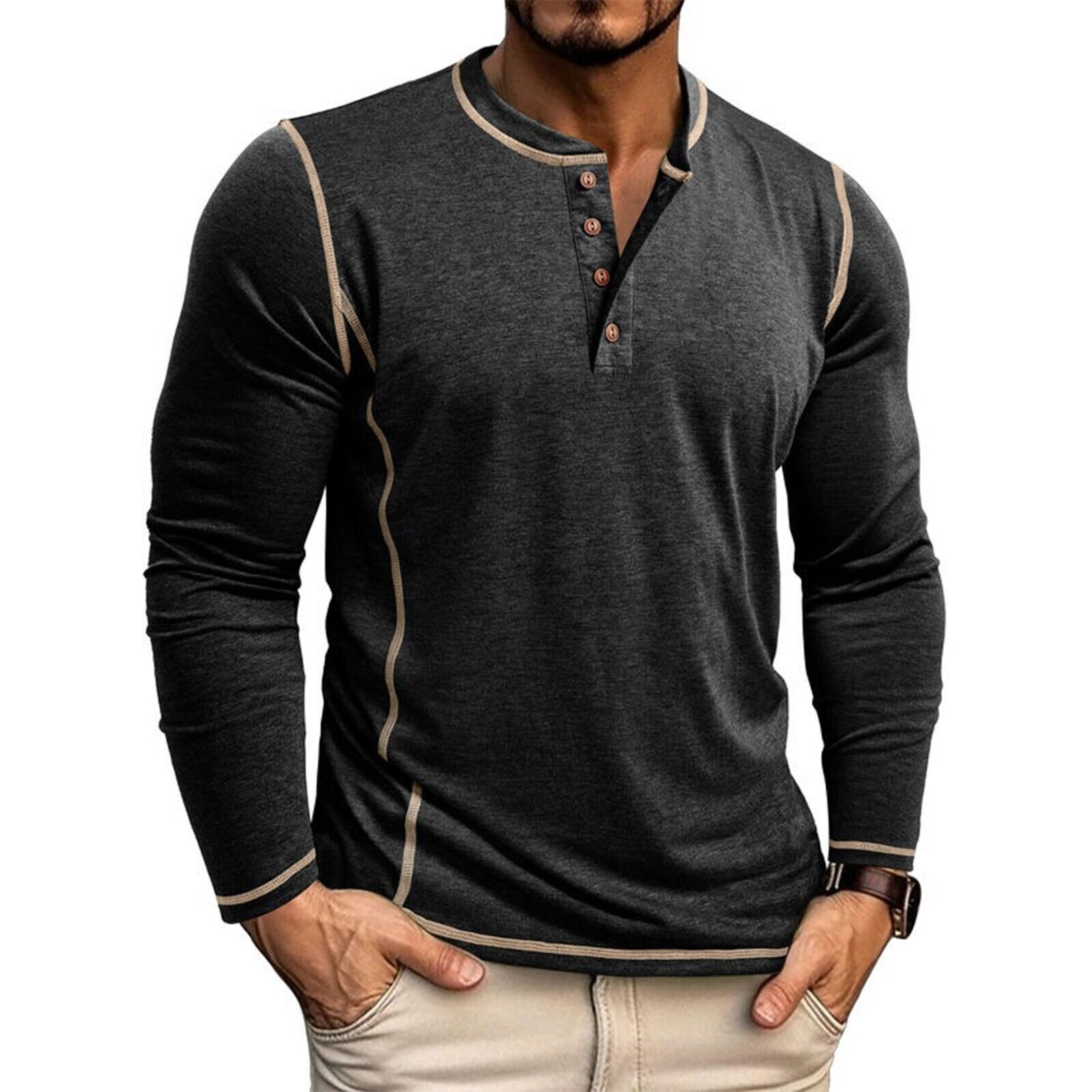 Men's Solid Color Long Sleeved T-shirt Autumn Mens Henley Shirt Four Button Tops - Picture 25 of 43