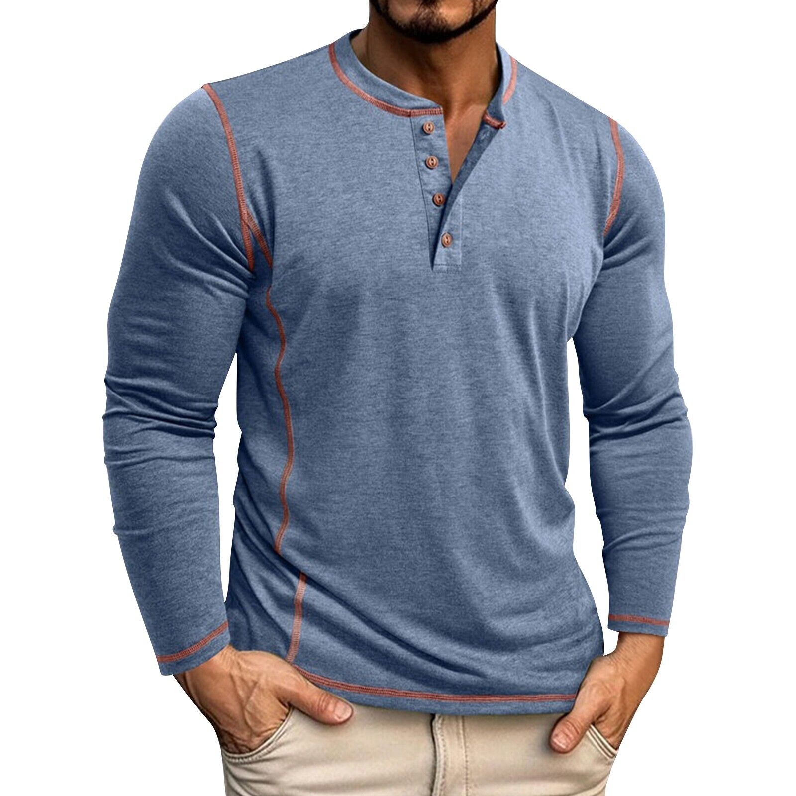 Men's Solid Color Long Sleeved T-shirt Autumn Mens Henley Shirt Four Button Tops - Picture 29 of 43