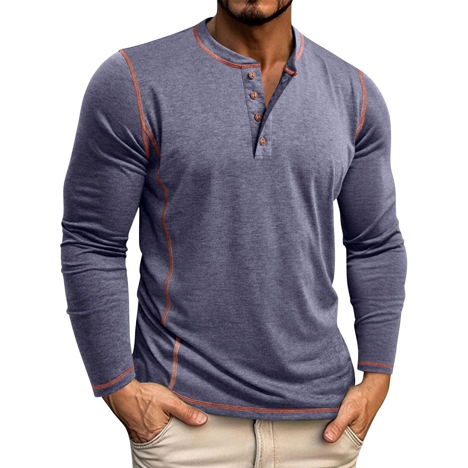 Men's Solid Color Long Sleeved T-shirt Autumn Mens Henley Shirt Four Button Tops - Picture 32 of 43