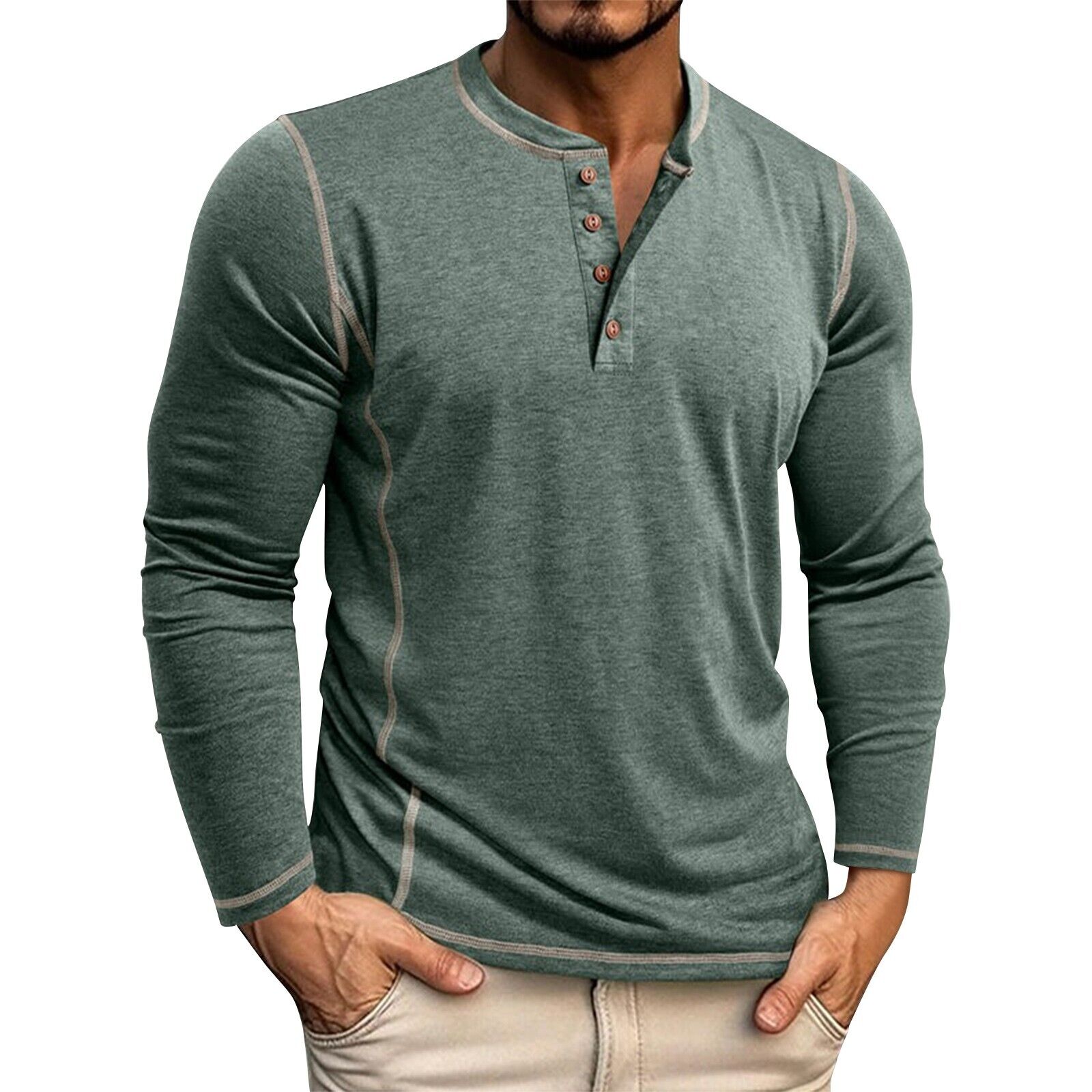 Men's Solid Color Long Sleeved T-shirt Autumn Mens Henley Shirt Four Button Tops - Picture 35 of 43
