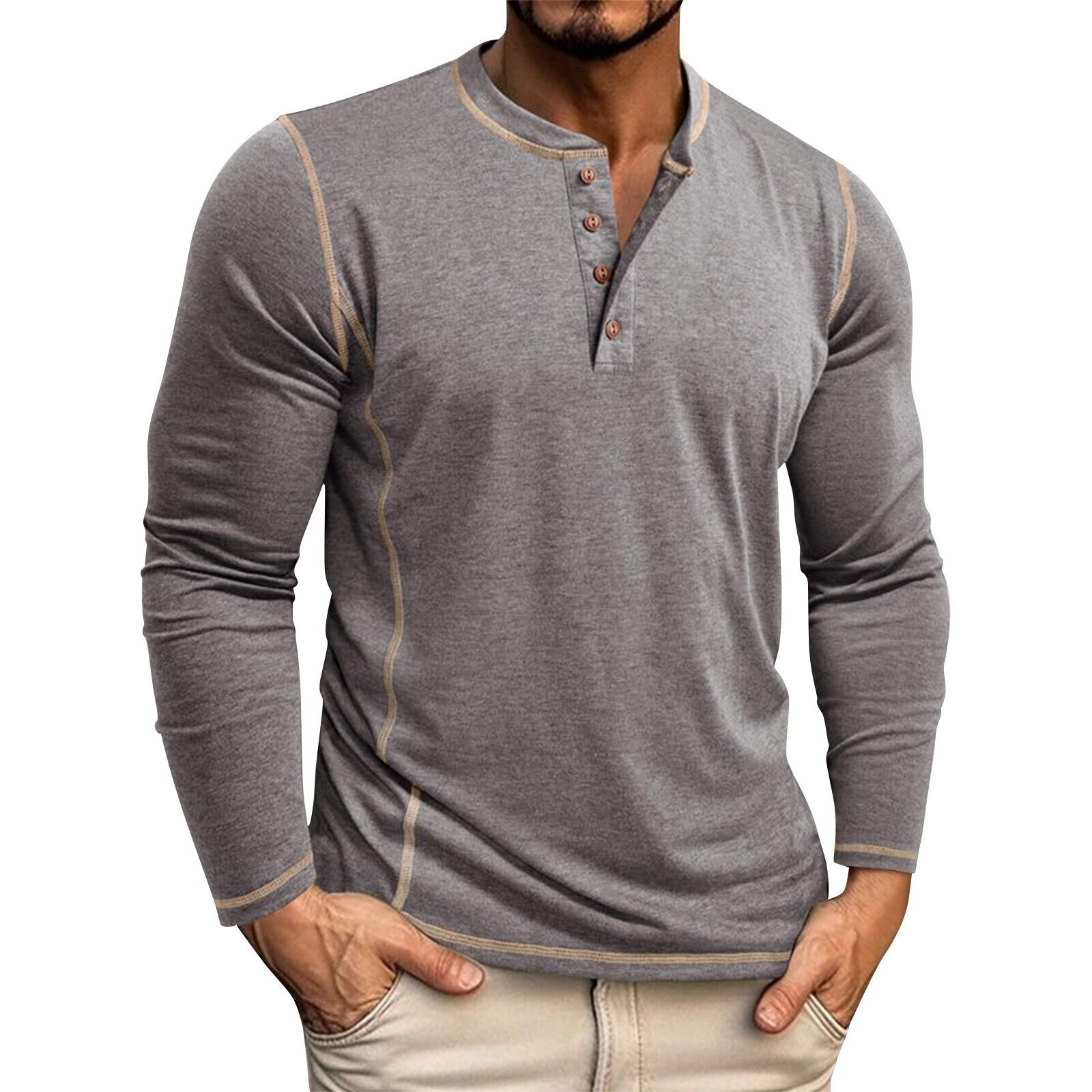 Men's Solid Color Long Sleeved T-shirt Autumn Mens Henley Shirt Four Button Tops - Picture 38 of 43