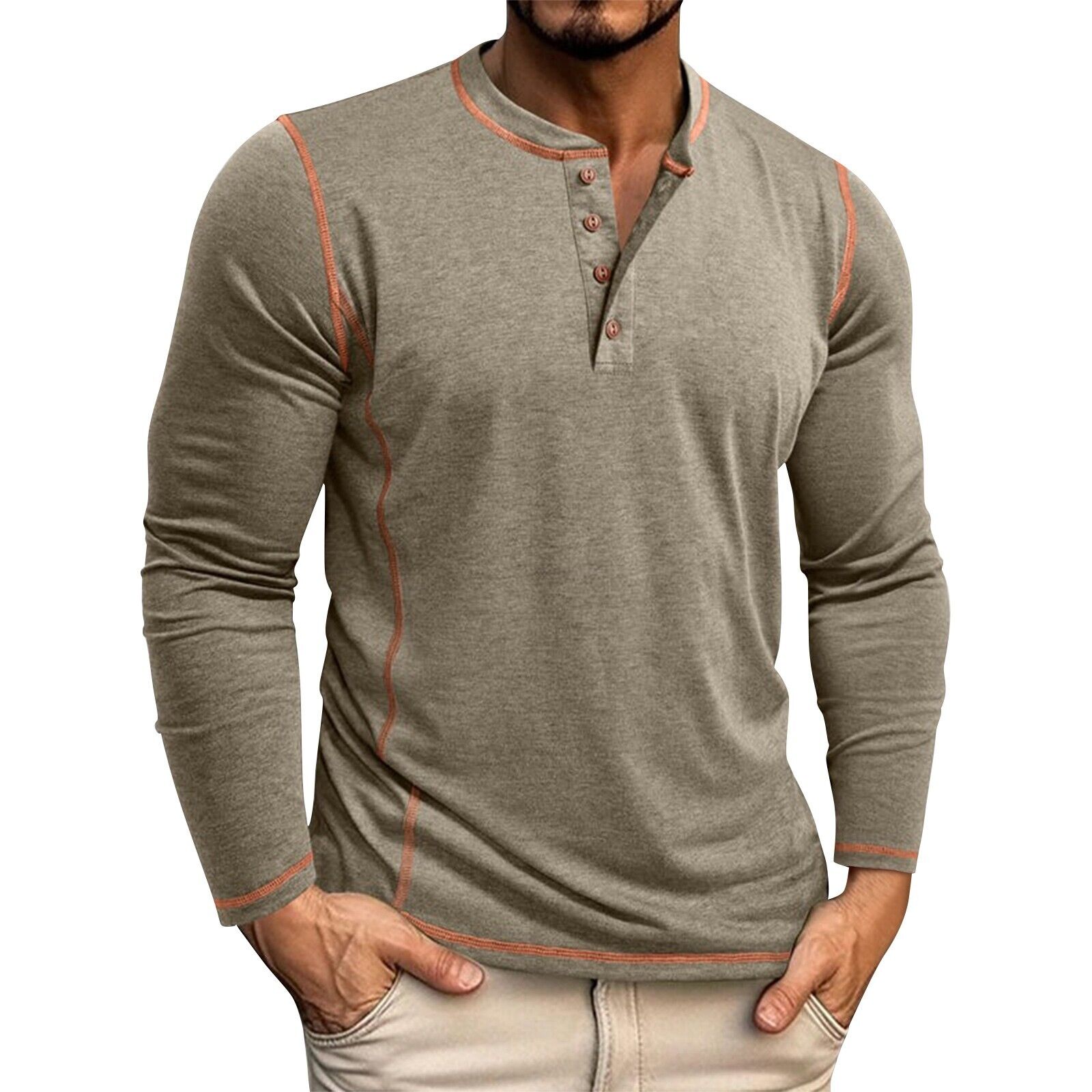 Men's Solid Color Long Sleeved T-shirt Autumn Mens Henley Shirt Four Button Tops - Picture 41 of 43