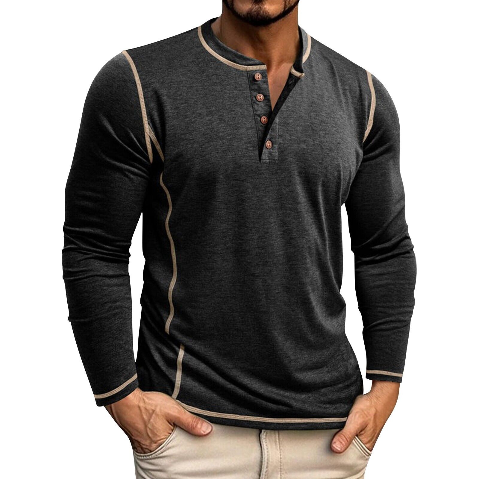 Men's Solid Color Long Sleeved T-shirt Autumn Mens Henley Shirt Four Button Tops - Picture 26 of 43