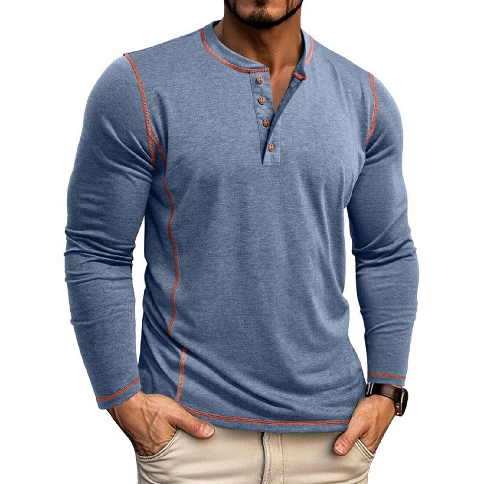 Men's Solid Color Long Sleeved T-shirt Autumn Mens Henley Shirt Four Button Tops - Picture 28 of 43