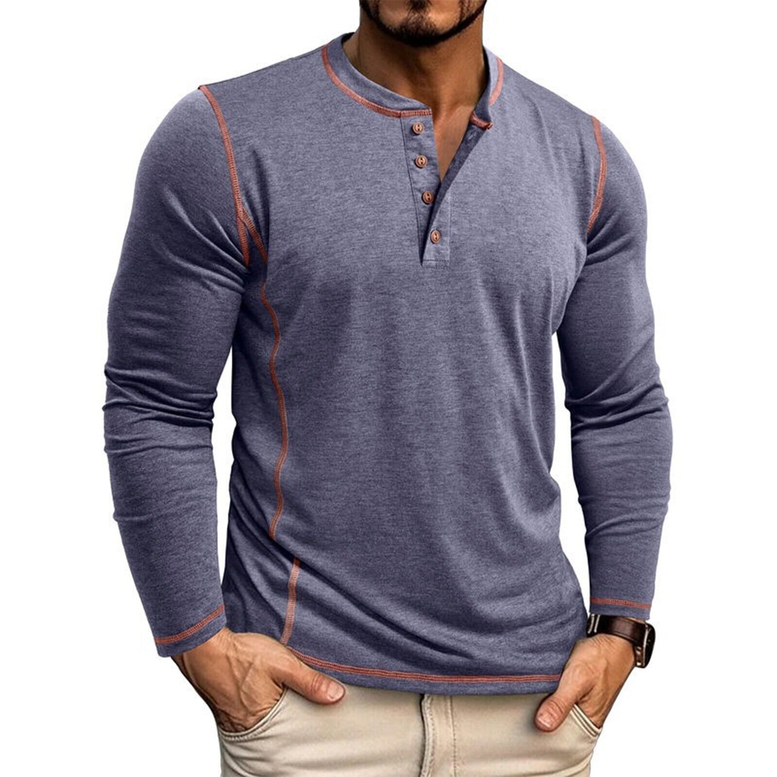 Men's Solid Color Long Sleeved T-shirt Autumn Mens Henley Shirt Four Button Tops - Picture 31 of 43
