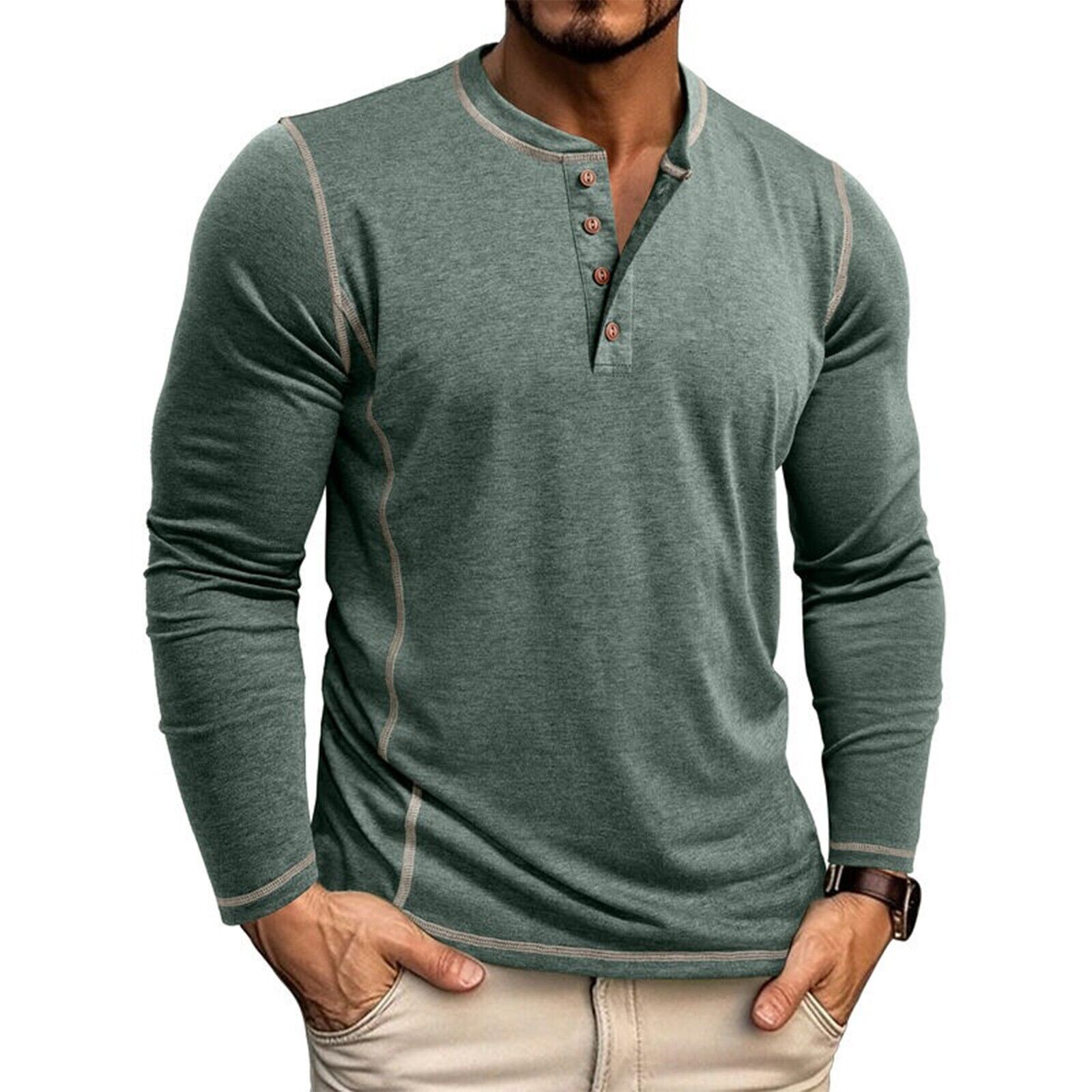 Men's Solid Color Long Sleeved T-shirt Autumn Mens Henley Shirt Four Button Tops - Picture 34 of 43