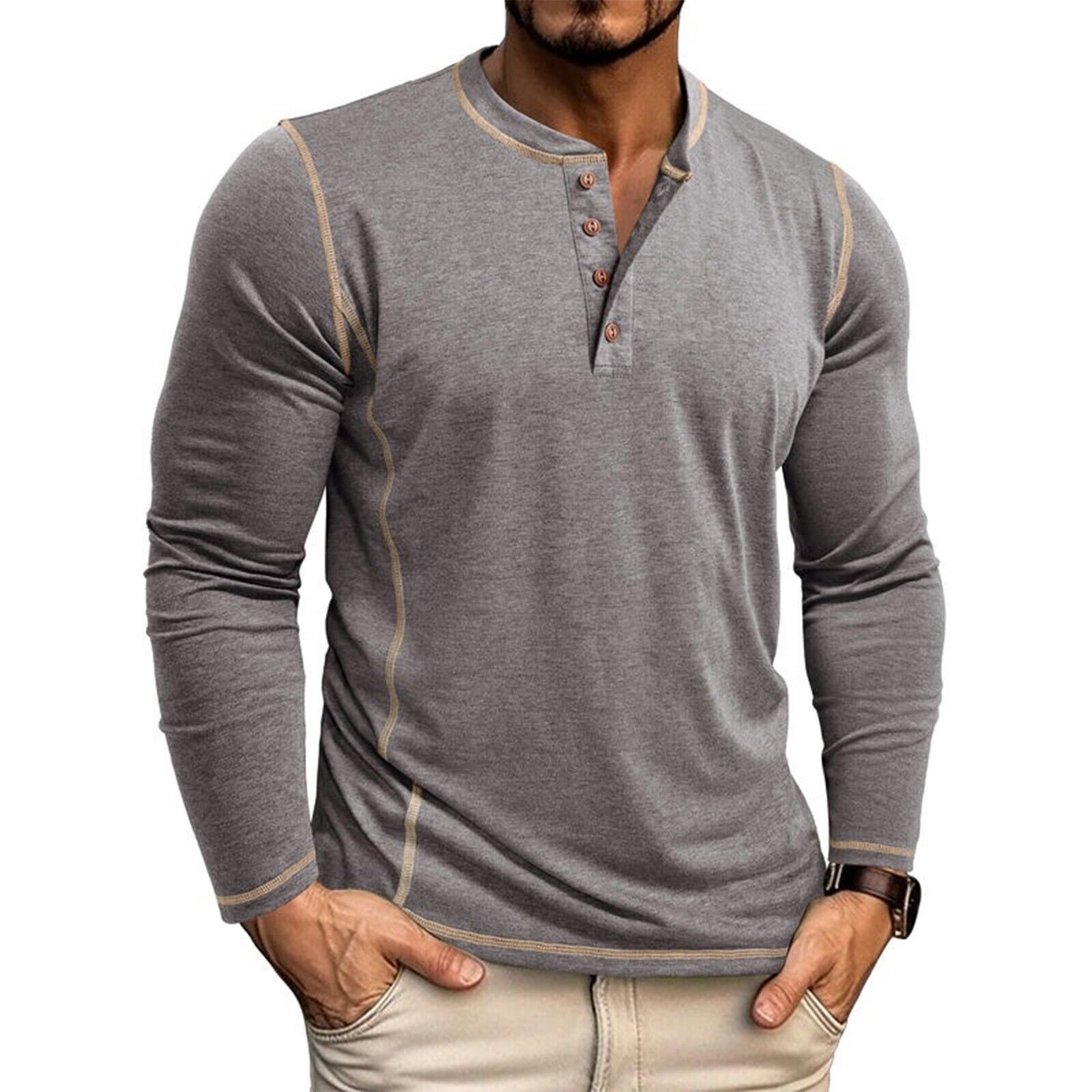 Men's Solid Color Long Sleeved T-shirt Autumn Mens Henley Shirt Four Button Tops - Picture 37 of 43
