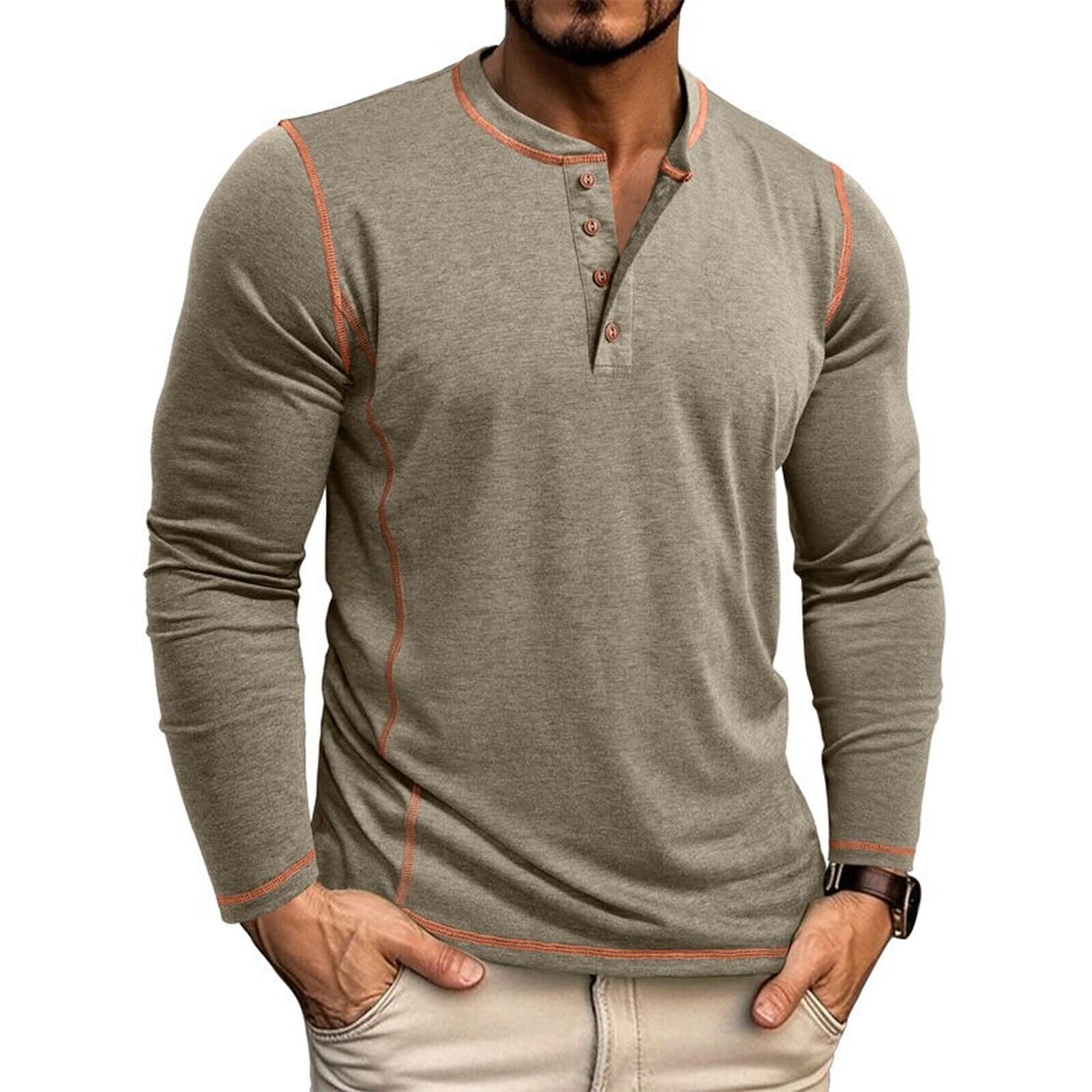 Men's Solid Color Long Sleeved T-shirt Autumn Mens Henley Shirt Four Button Tops - Picture 40 of 43