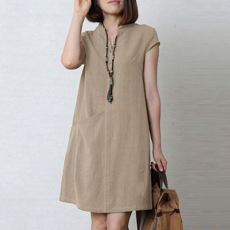 Womens Short Sleeve Pockets Dress Summer Plain Mini Dresses Plus Size Casual - Picture 17 of 17