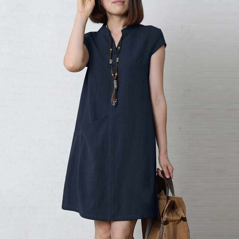 Womens Short Sleeve Pockets Dress Summer Plain Mini Dresses Plus Size Casual - Picture 14 of 17