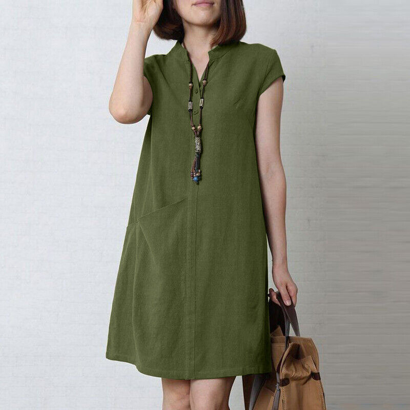 Womens Short Sleeve Pockets Dress Summer Plain Mini Dresses Plus Size Casual - Picture 15 of 17