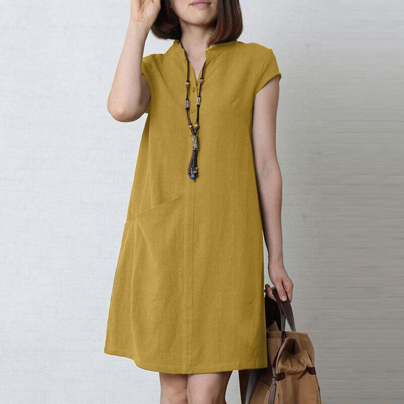 Womens Short Sleeve Pockets Dress Summer Plain Mini Dresses Plus Size Casual - Picture 16 of 17