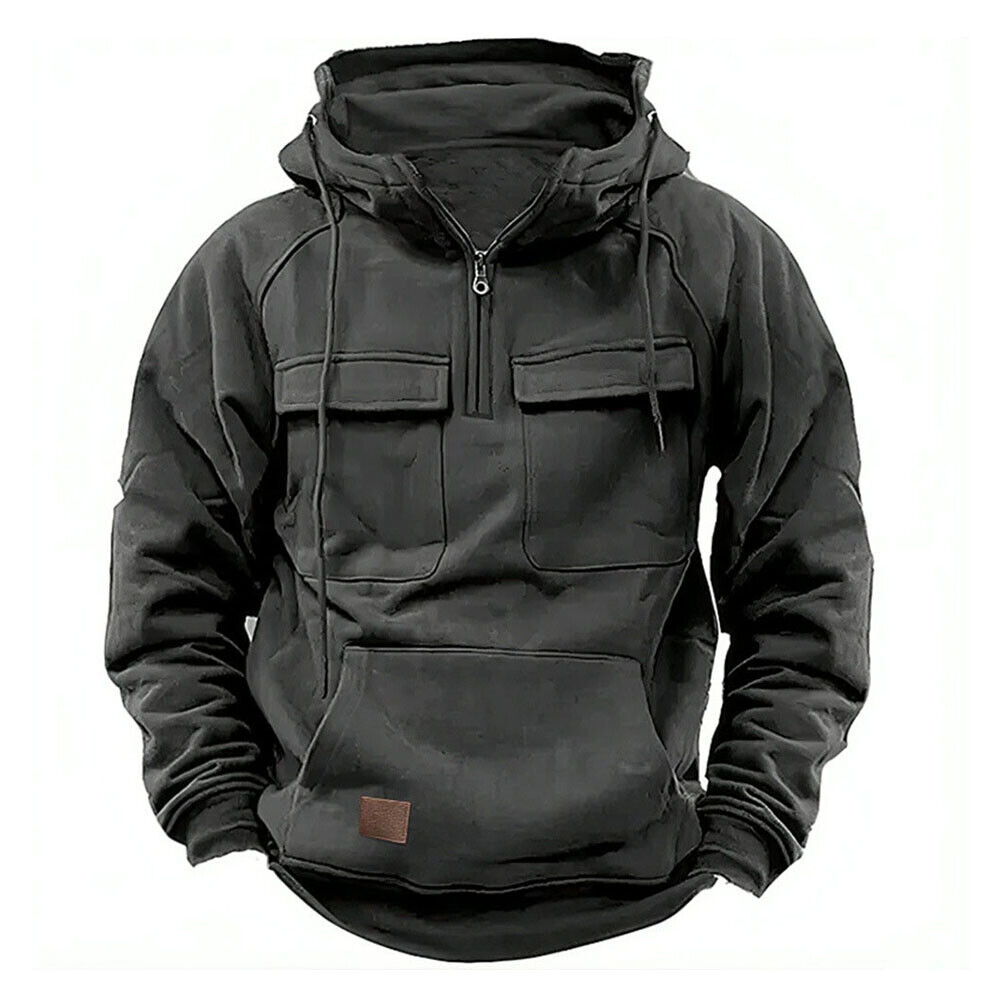 Mens Cargo Combat Hoodie Long Sleeve Half Zip Sport Army Tactical Sweatshirt Top - Picture 17 of 24