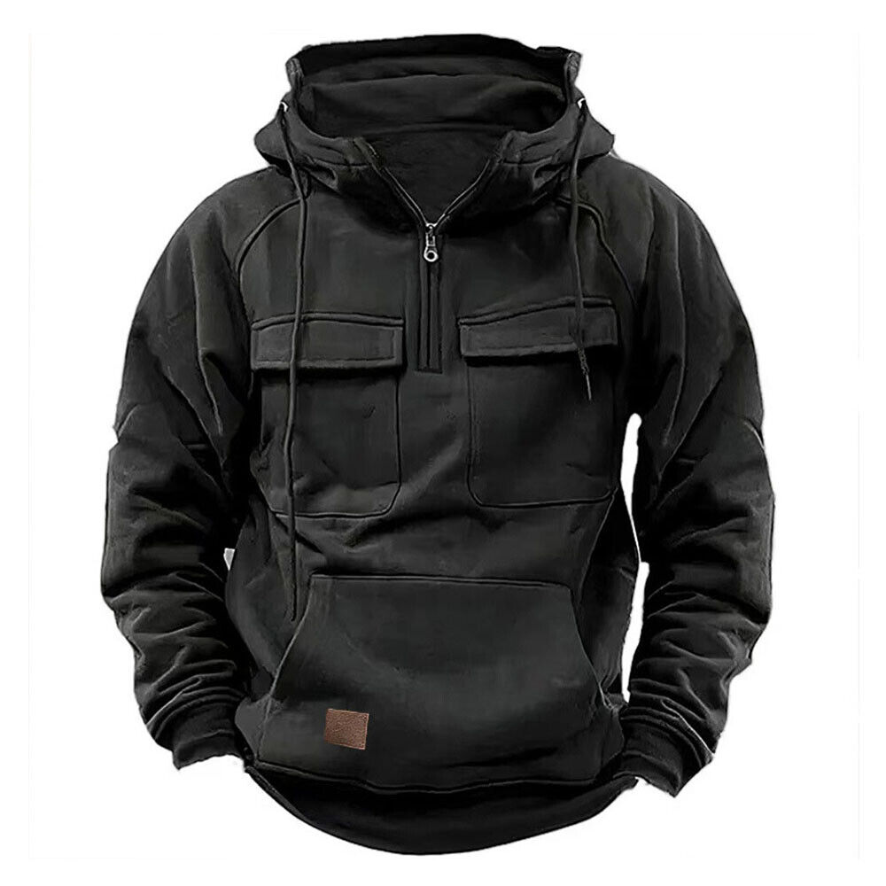Mens Cargo Combat Hoodie Long Sleeve Half Zip Sport Army Tactical Sweatshirt Top - Picture 18 of 24