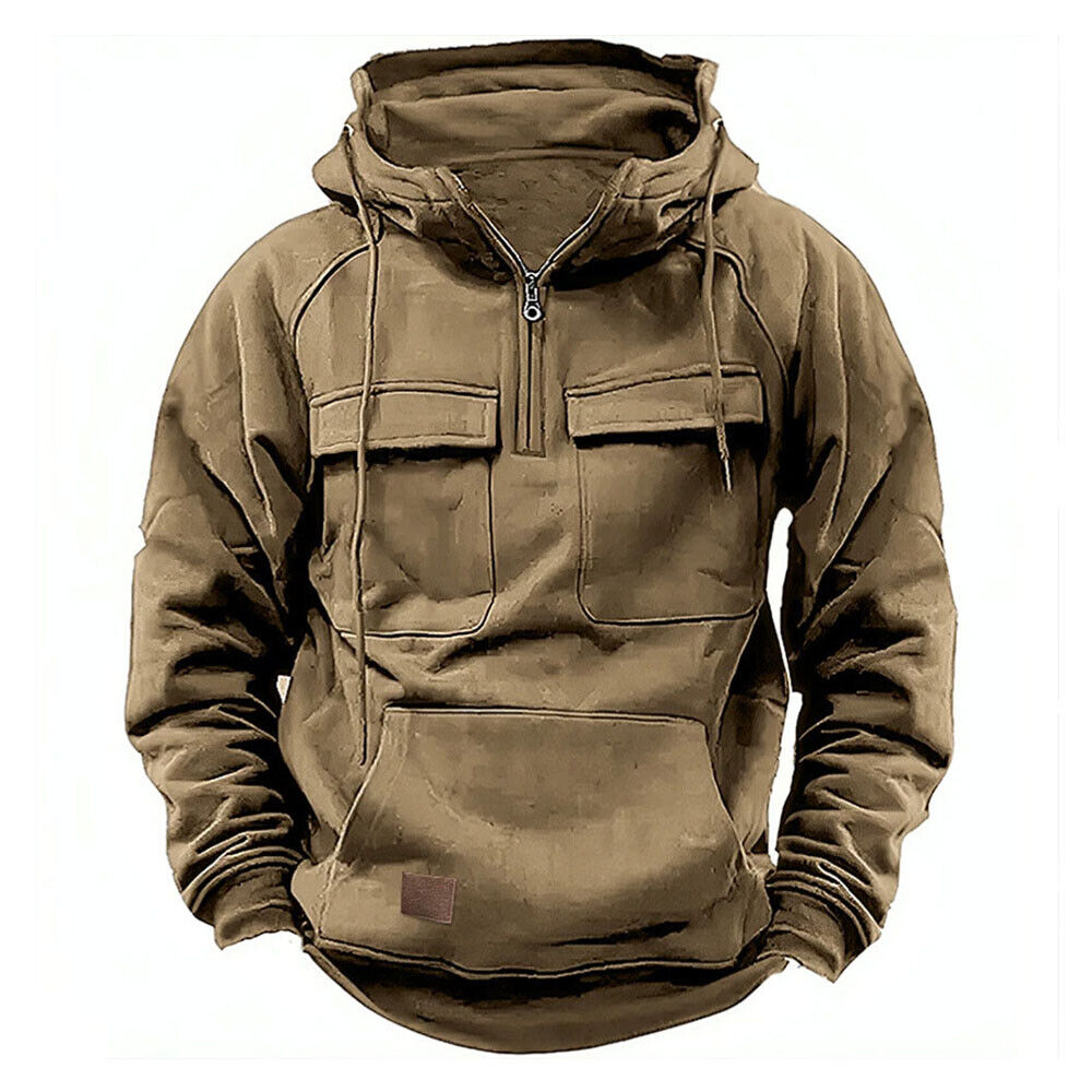Mens Cargo Combat Hoodie Long Sleeve Half Zip Sport Army Tactical Sweatshirt Top - Picture 21 of 24