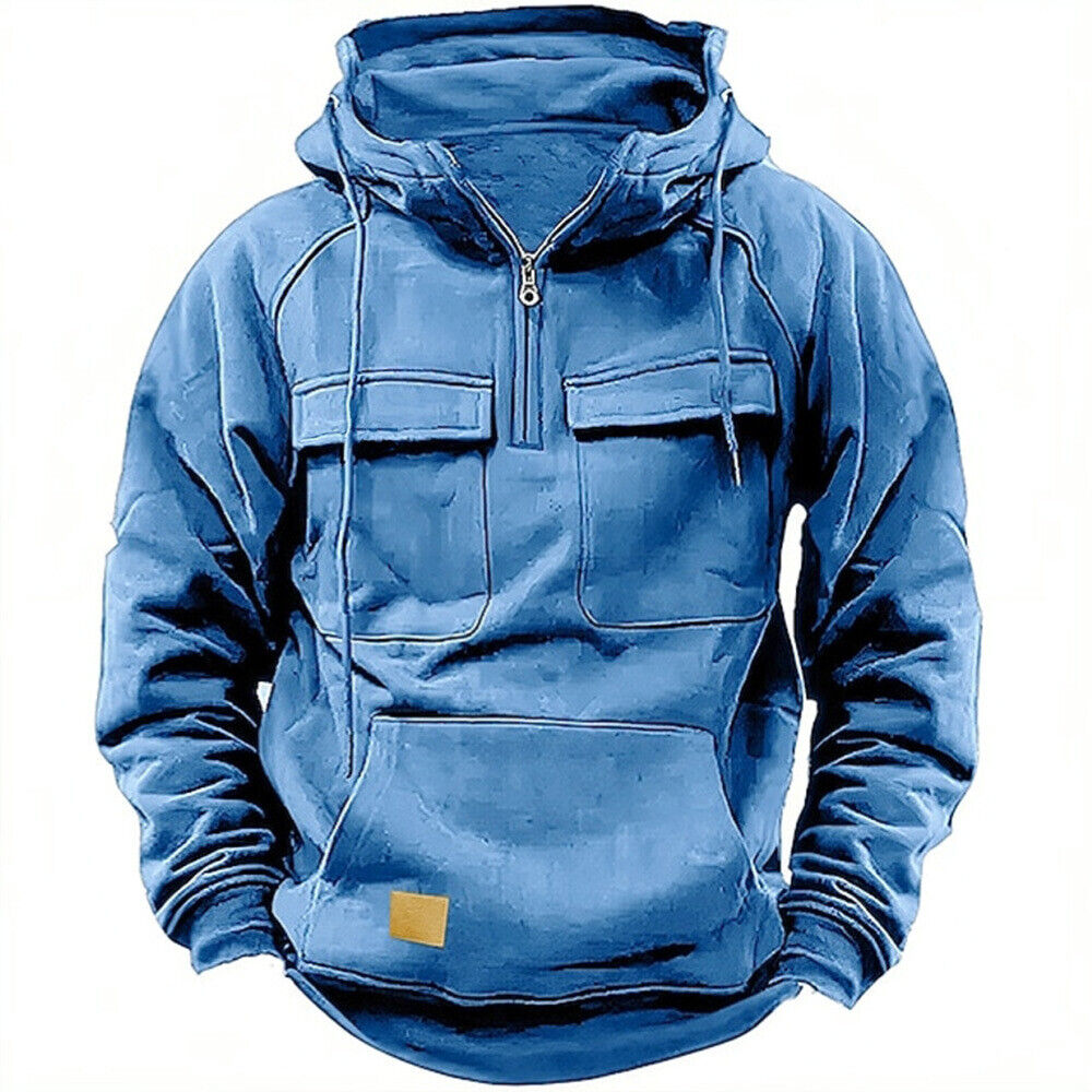Mens Cargo Combat Hoodie Long Sleeve Half Zip Sport Army Tactical Sweatshirt Top - Picture 20 of 24