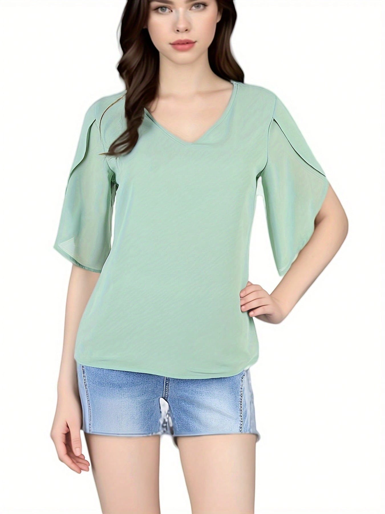 Damen Kurzarm Bluse mit V-Ausschnitt und Lagenlook Glockenärmeln - Bild 15 von 15
