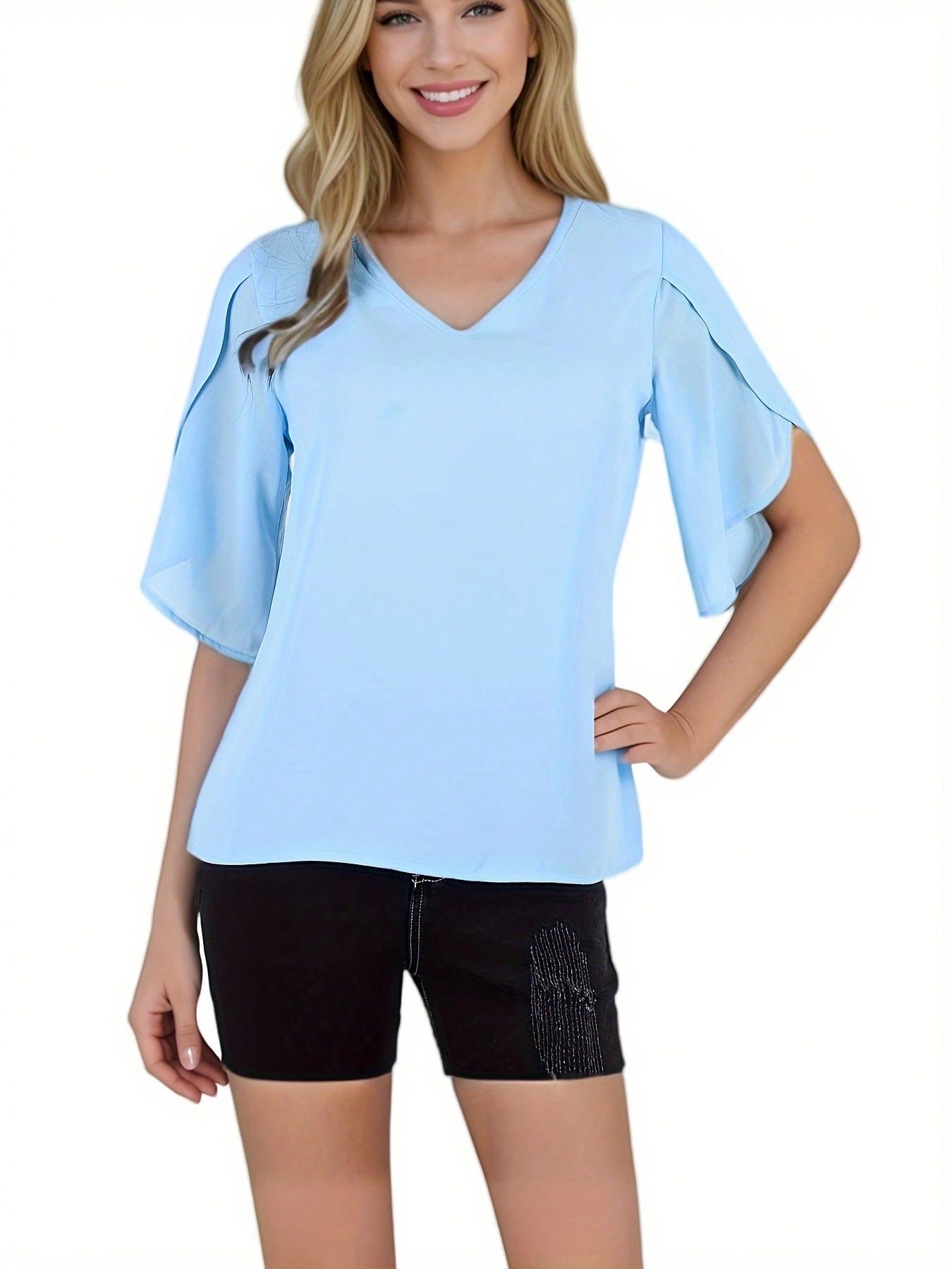 Damen Kurzarm Bluse mit V-Ausschnitt und Lagenlook Glockenärmeln - Bild 13 von 15