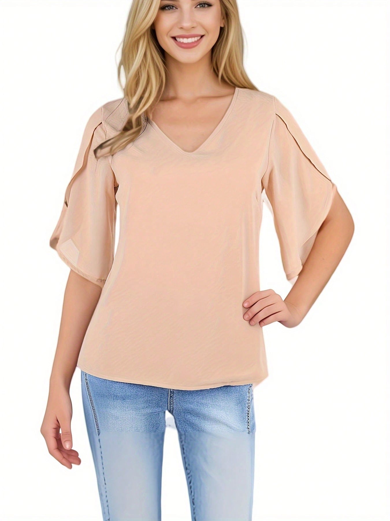 Damen Kurzarm Bluse mit V-Ausschnitt und Lagenlook Glockenärmeln - Bild 14 von 15