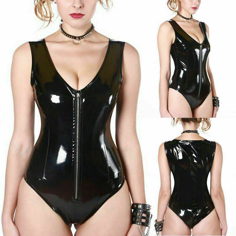 Nuevo Body de Cuero Látex Sin Mangas Wetlook Ropa de Club Mameluco Leotardo Mono - Imagen 5 de 5
