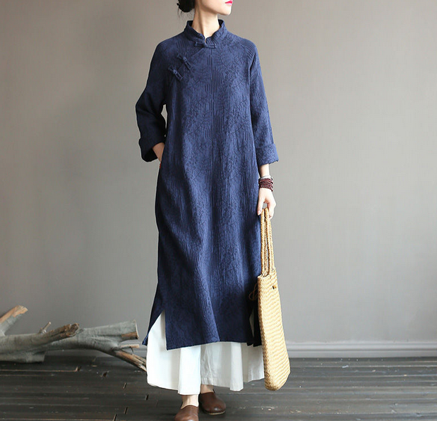 Womens Linen Cotton Long Sleeve Tunic Floral Chinese Style Qipao Cheongsam Dress - Picture 11 of 13