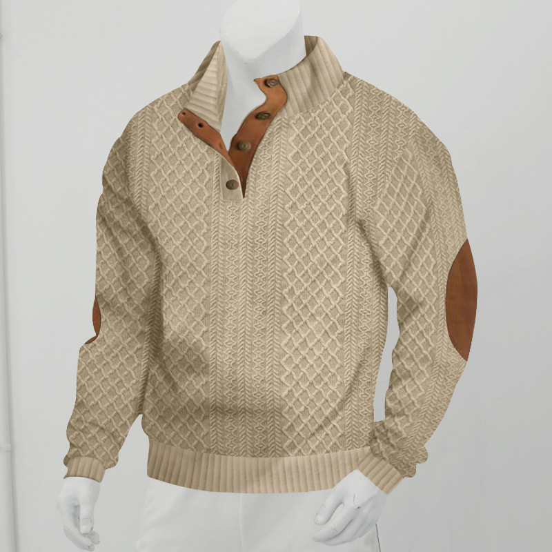 Men's Jacquard Sweatshirt Stand Collar Slim Long Sleeve Top Knit Pullover Hoodie - Picture 26 of 32
