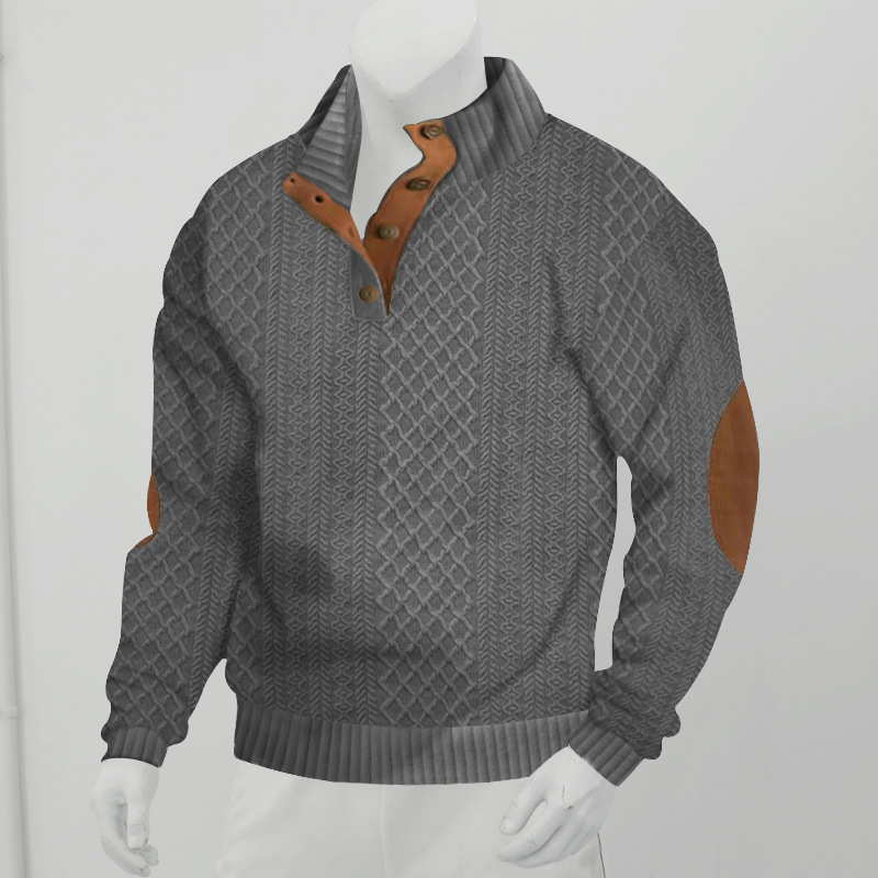 Men's Jacquard Sweatshirt Stand Collar Slim Long Sleeve Top Knit Pullover Hoodie - Picture 27 of 32