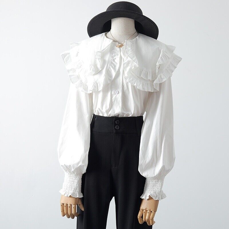 Lady Ruffle Collar Blouse Shirt Frill Lapel Lolita Long Puff Sleeve Pleated Tops - Bild 11 von 11
