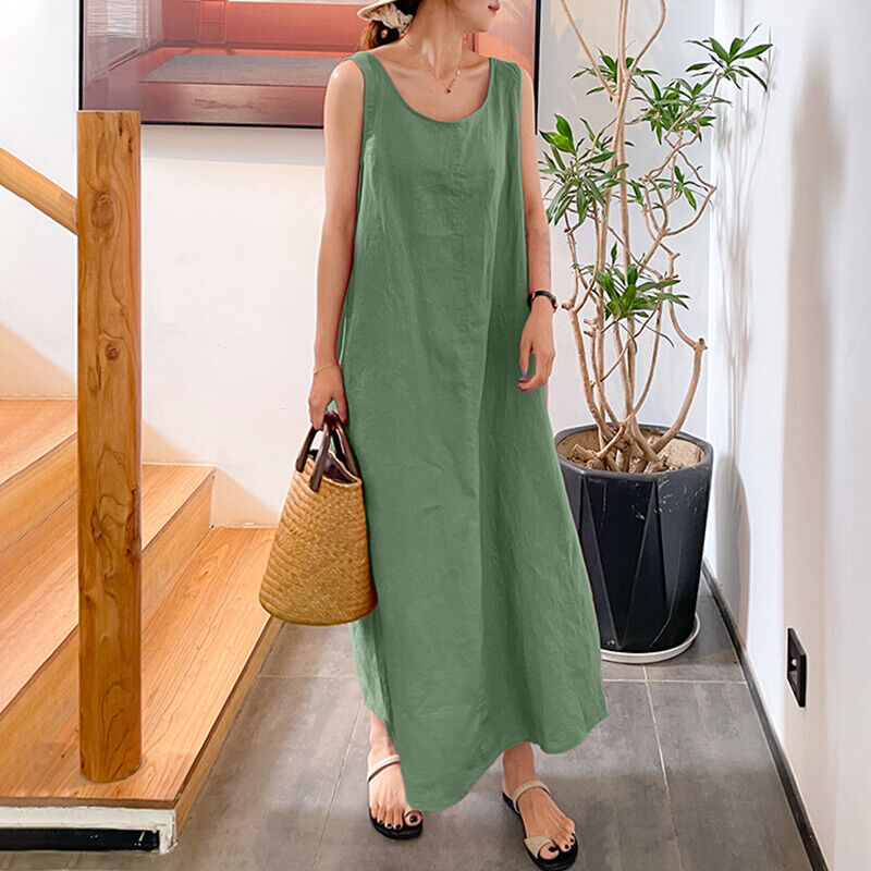 Women Sleeveless Vest Tank Long Dress Ladies Summer Solid Cotton Maxi Gown - Picture 24 of 27