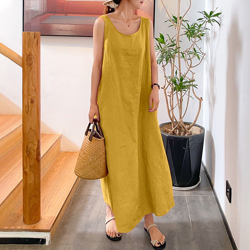 Women Sleeveless Vest Tank Long Dress Ladies Summer Solid Cotton Maxi Gown - Picture 23 of 27