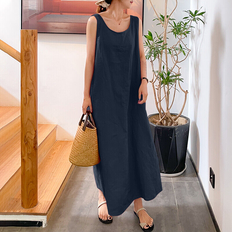 Women Sleeveless Vest Tank Long Dress Ladies Summer Solid Cotton Maxi Gown - Picture 25 of 27