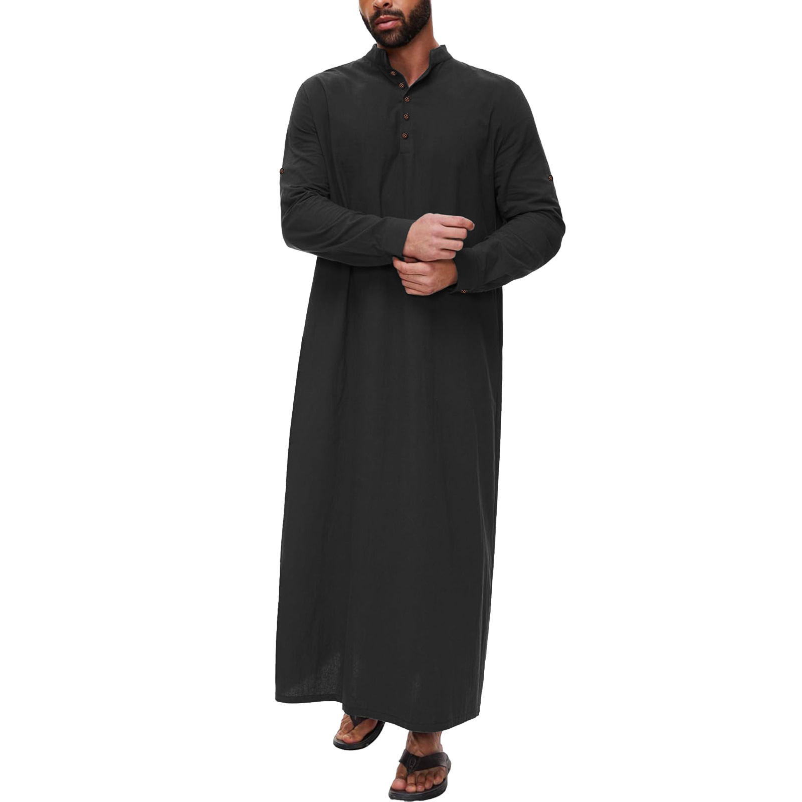Abito lungo uomo cotone lino arabo gonna alta colletto bottoni abito musulmano - Foto 17 di 20