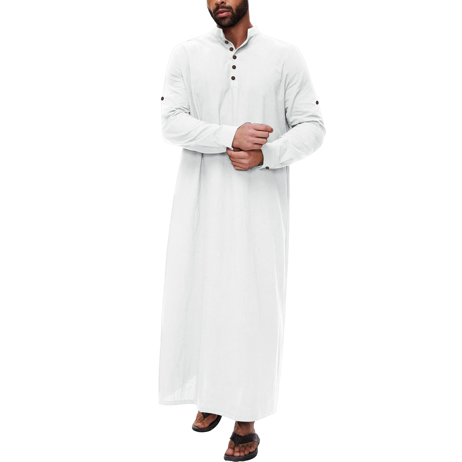 Abito lungo uomo cotone lino arabo gonna alta colletto bottoni abito musulmano - Foto 18 di 20
