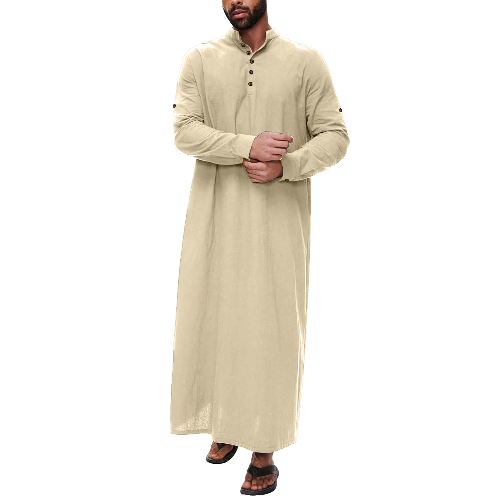 Abito lungo uomo cotone lino arabo gonna alta colletto bottoni abito musulmano - Foto 20 di 20